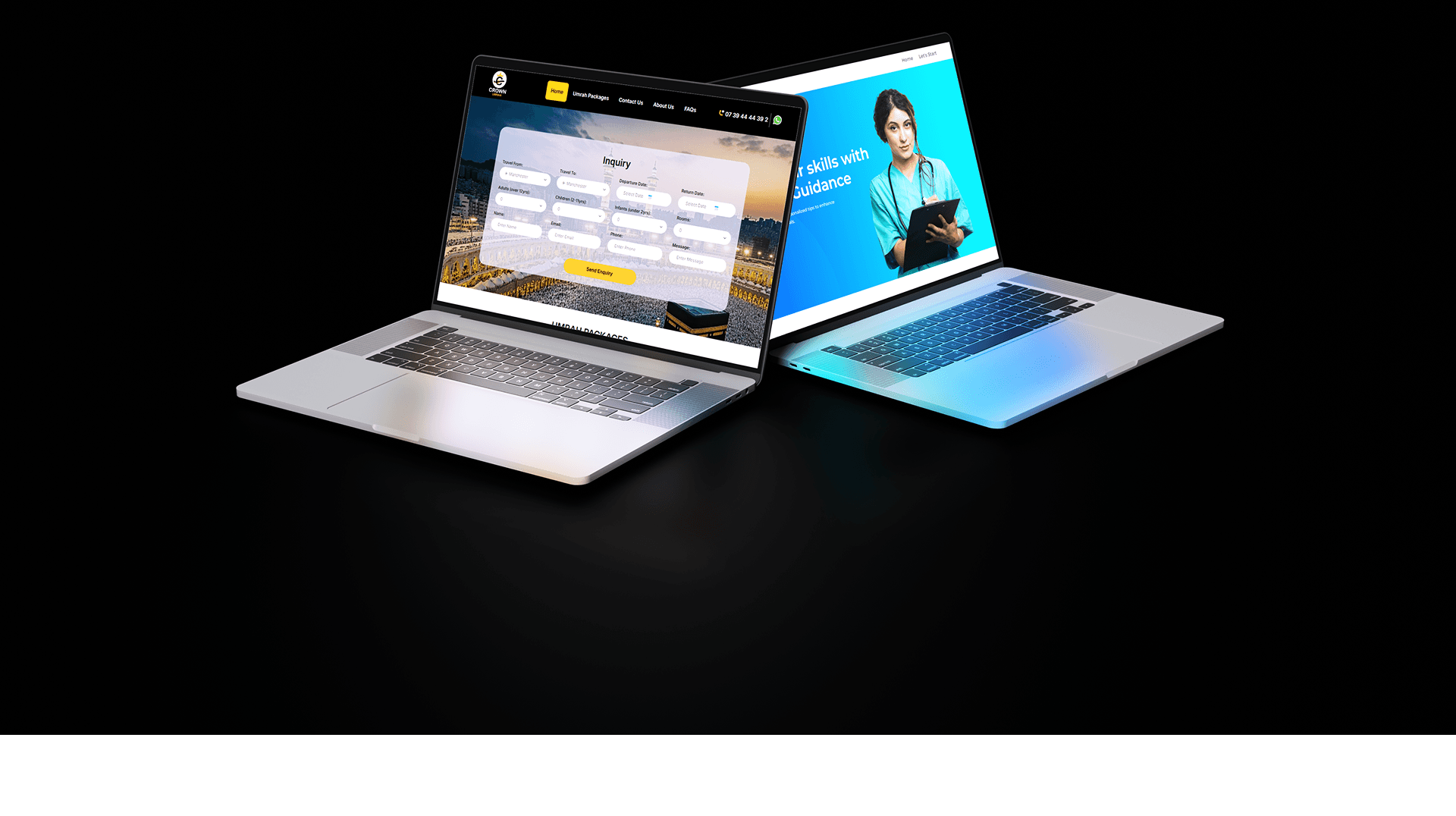 Crown Umrah travel booking website shown on a laptop
